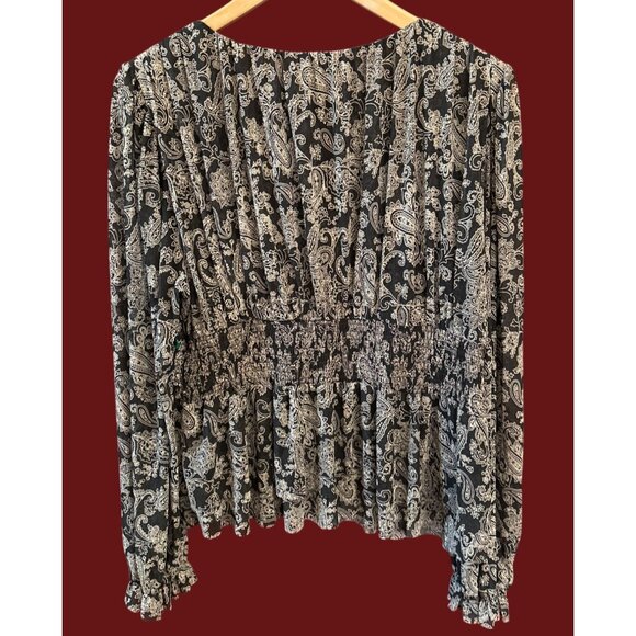 Y2K DR2 Black White Paisley Print Baby Doll Blouse Whimsygoth Smocked Waist Boho - Picture 4 of 7